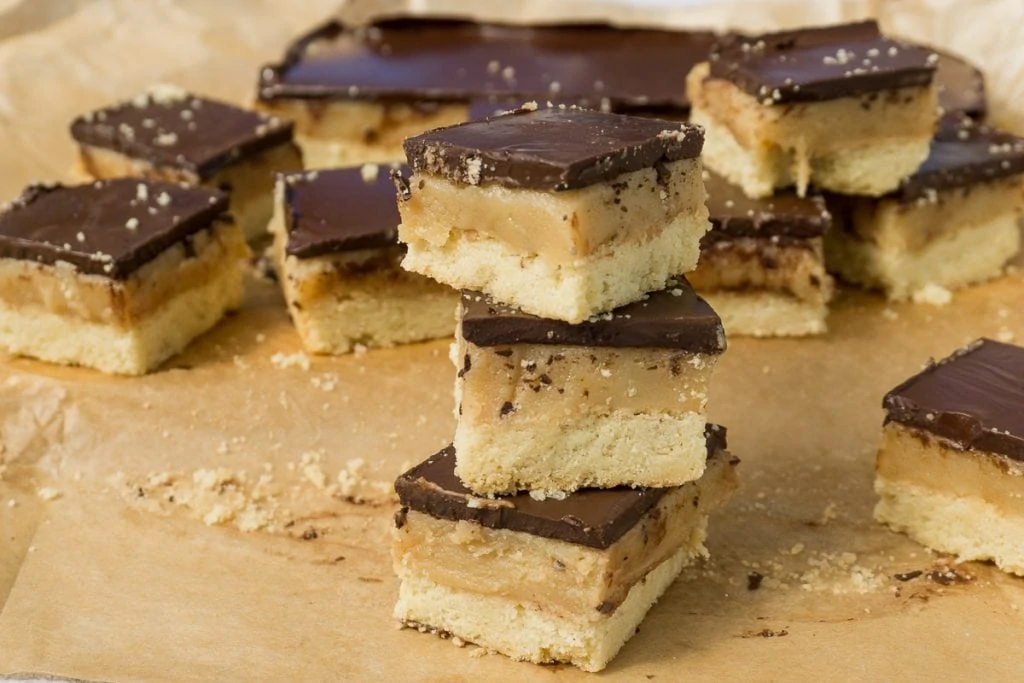 Stacks of Millionaire's Shortbread made from easy Millionaire's Shortbread Recipe