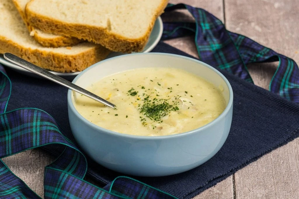 Scottish Foods - Traditional Cullen Skink Recipe in a bowl with bread