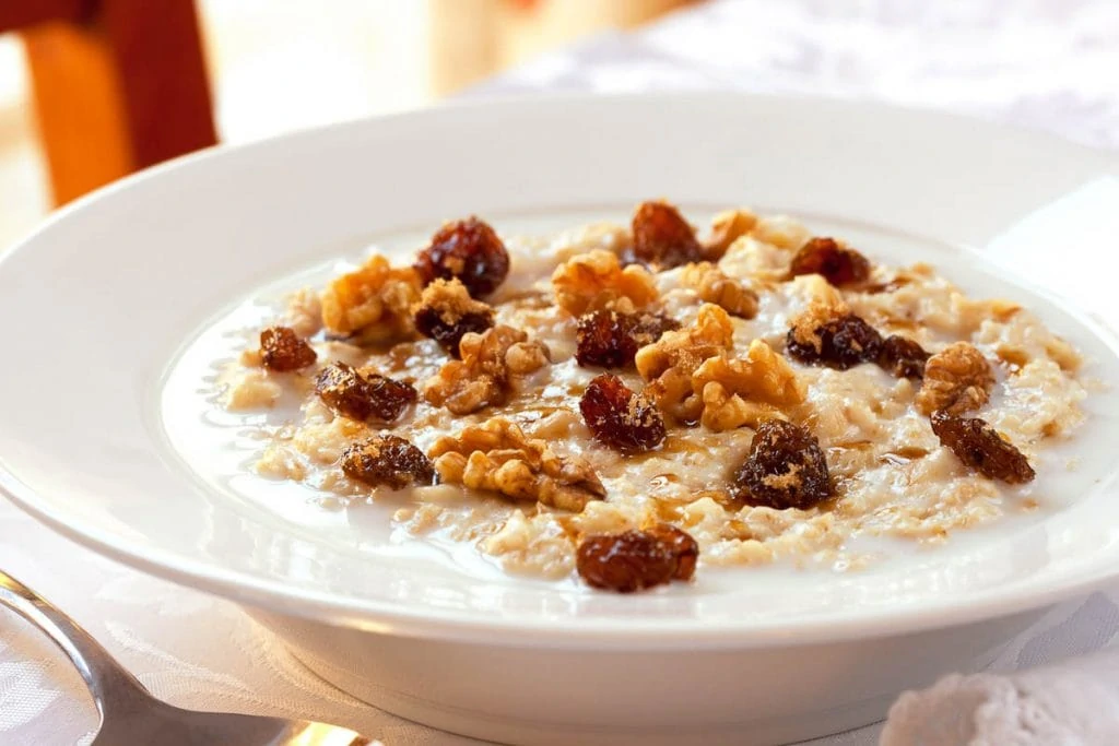 Traditional Scottish porridge topped with nuts and raisins