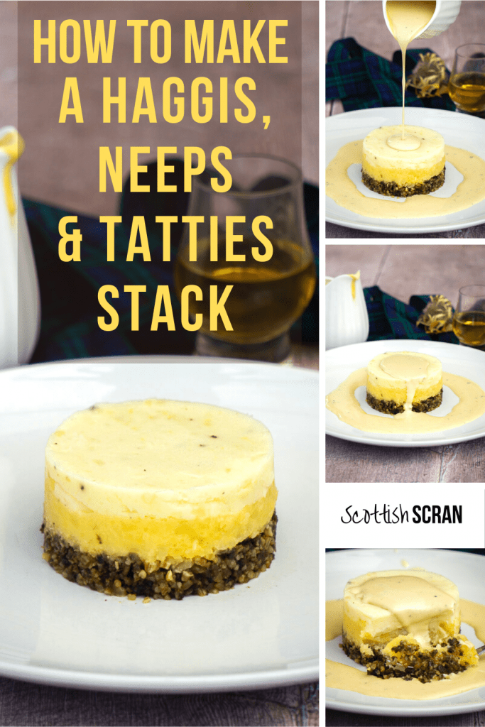 Haggis neeps and tatties stack with a whisky sauce