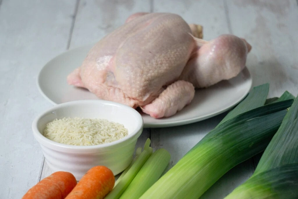Cock-a-leekie soup recipe ingredients - small chicken, rice, leeks, carrots, celery