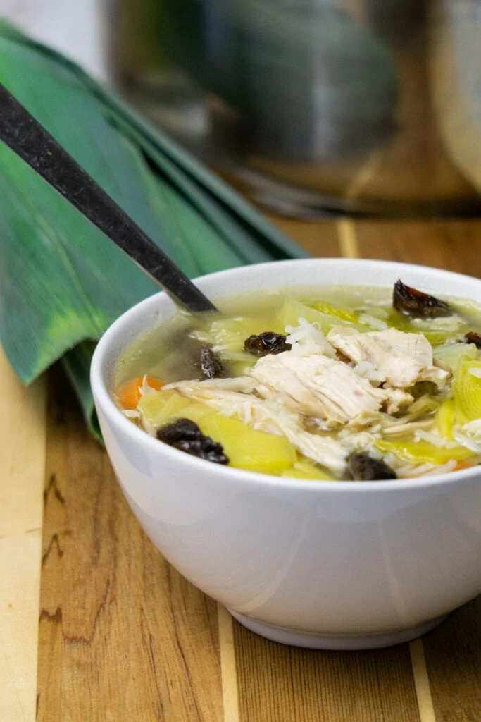 Cock-a-leekie soup recipe in a bowl