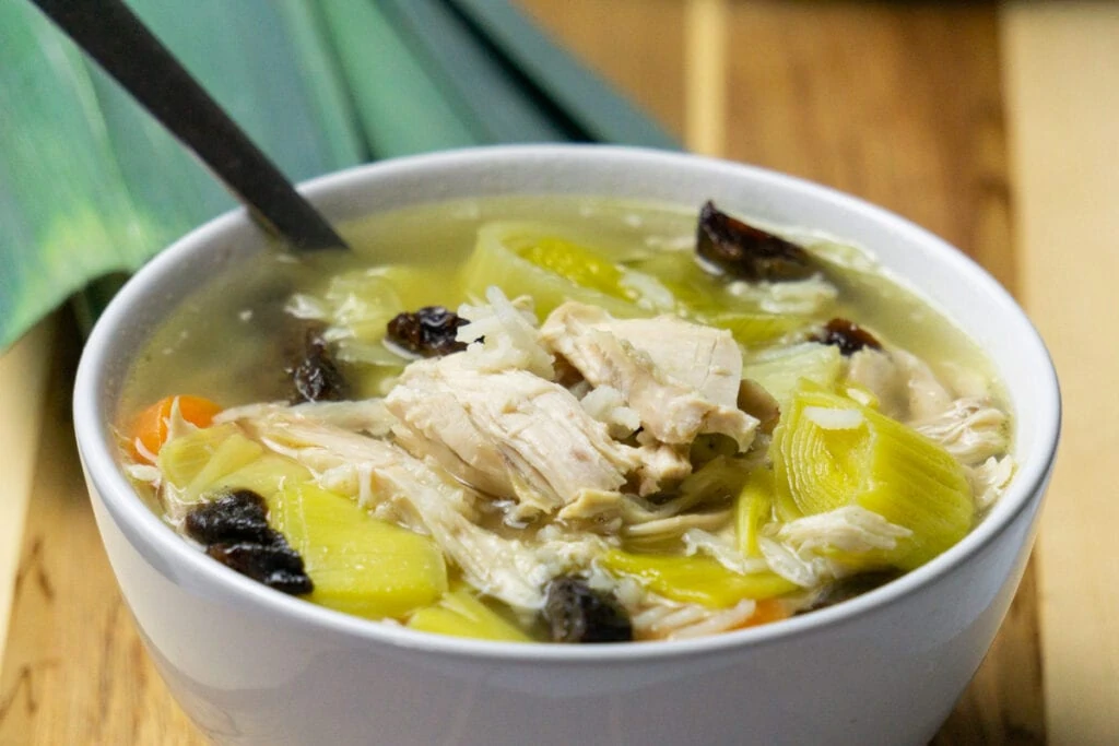Cock-a-leekie soup recipe in a bowl
