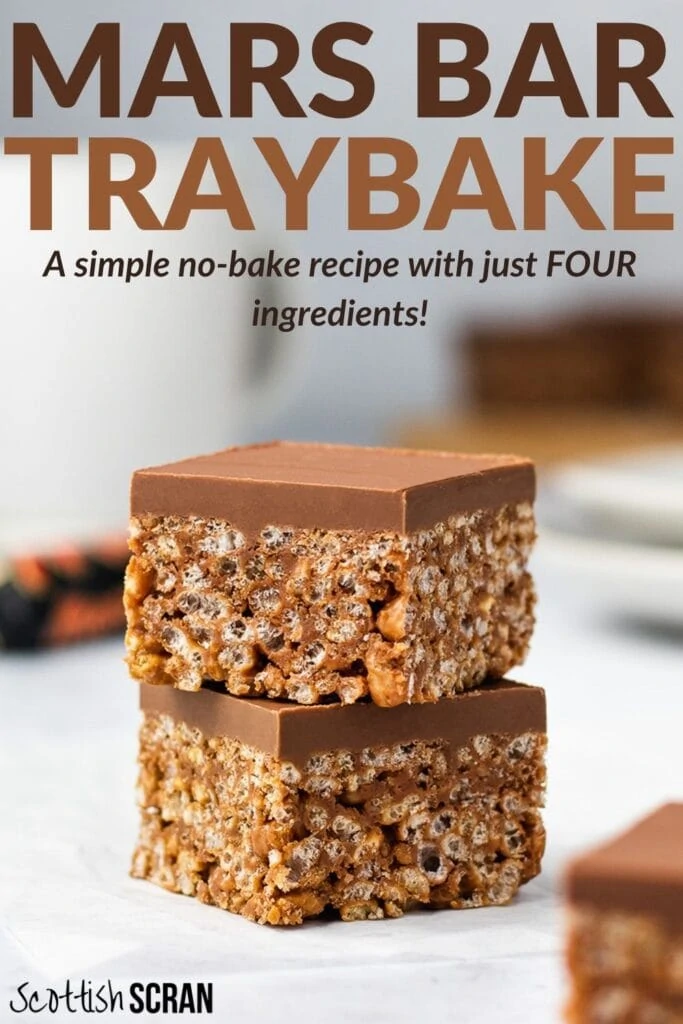 Mars Bar Slice Recipe Pin - Mars Bar Slice Traybake or mars bar Krispie squares - A simple no bake recipe with just four ingredients