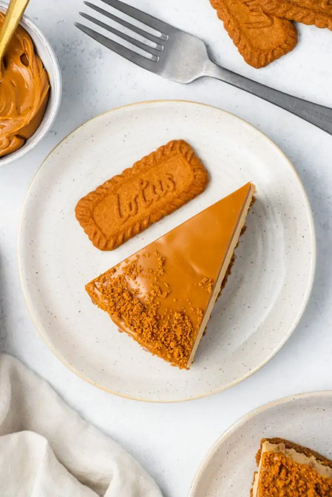 Lotus Biscoff Cheesecake Recipe - top down shot of one slice on a plate