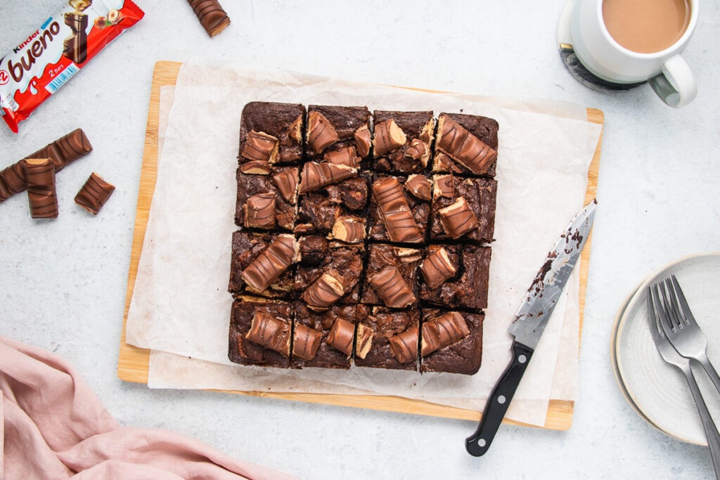 Kinder Bueno Brownie Recipe - Brownies cooked on a chopping board