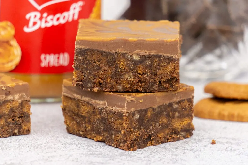 Biscoff Tiffin Recipe - two slices stacked