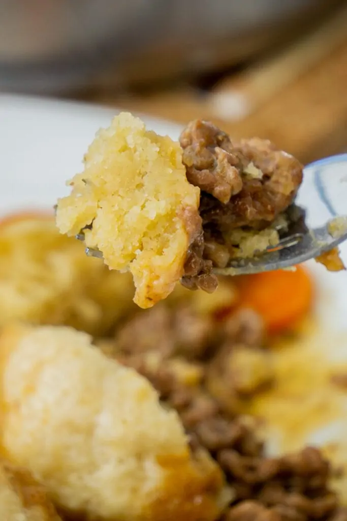 Mince and dumplings on a fork