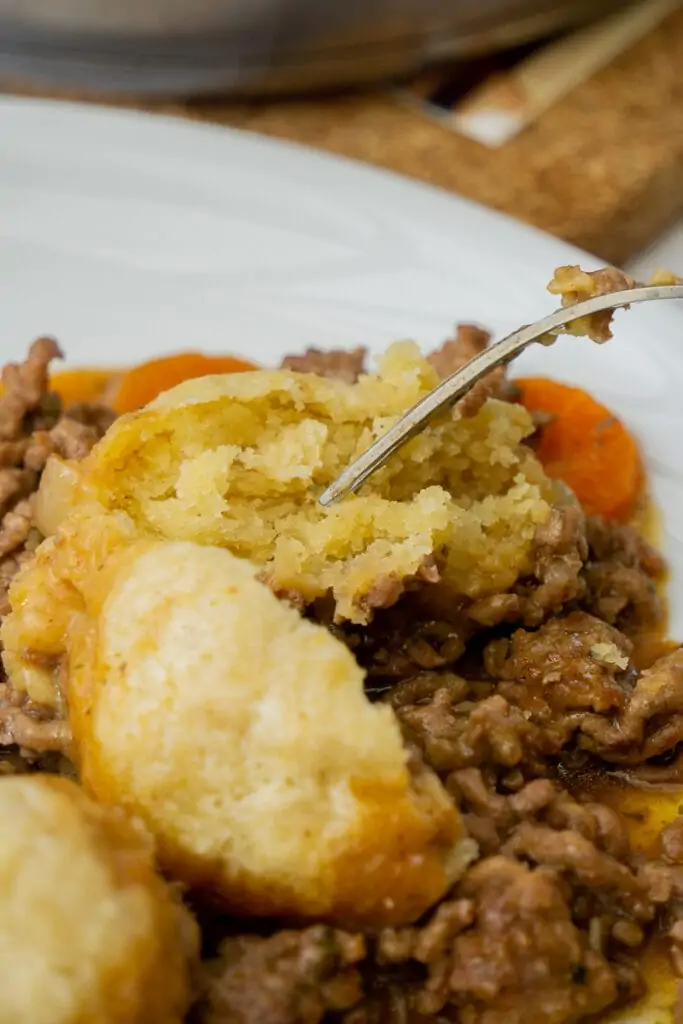 Mince and dumplings on a fork