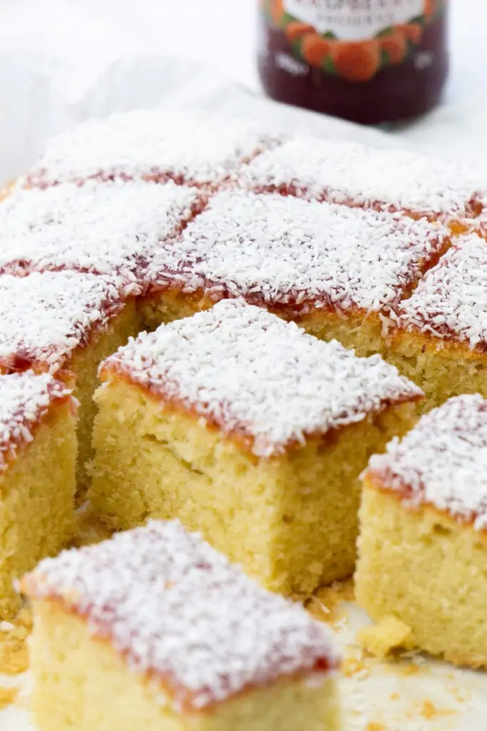 Jam and Coconut Sponge Traybake Recipe