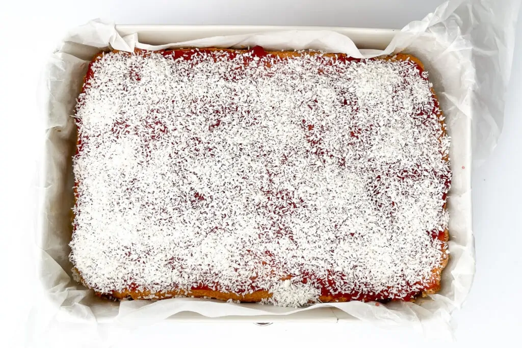 Jam and Coconut Sponge Traybake Recipe