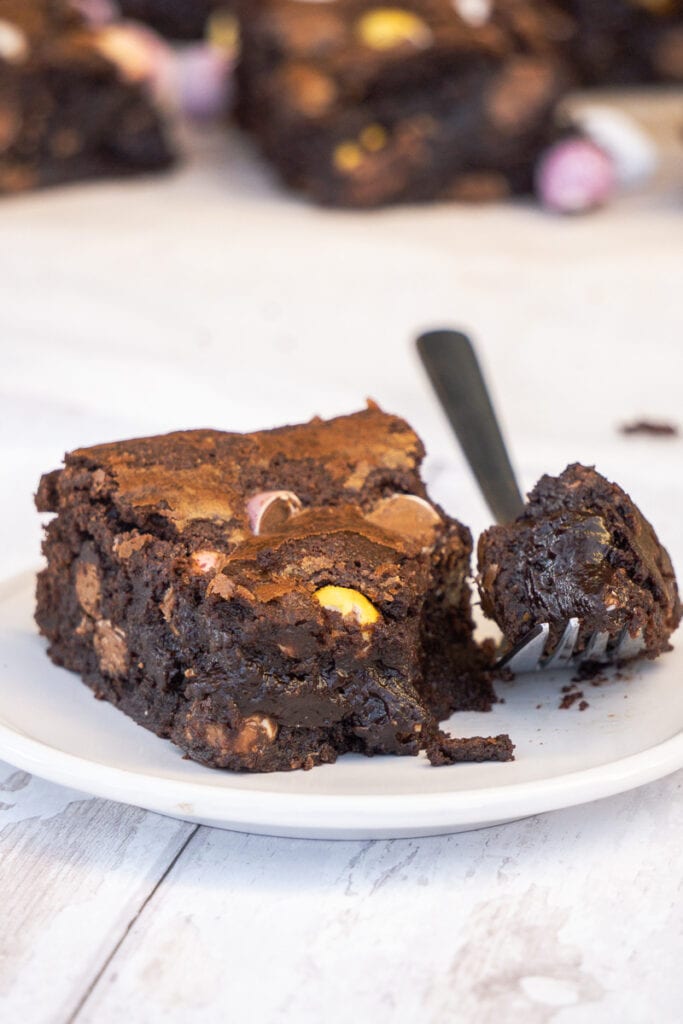 Mini Egg Brownies - on a plate with fork