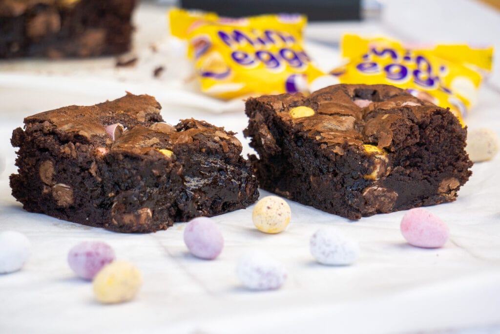Mini Egg Brownies surrounded by Mini Eggs