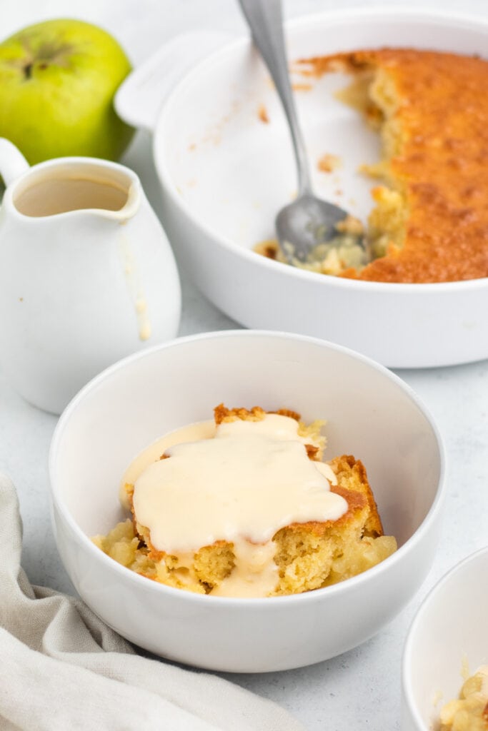 Eve's Pudding Apple Sponge Recipe - pudding with custard on top