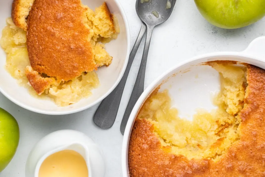 Eve's Pudding Apple Sponge Recipe - in baking dish and bowl