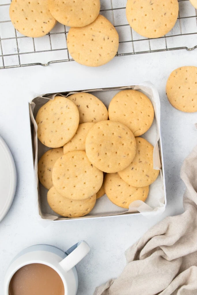 Abernethy Biscuits Recipe - Biscuits in a tin with cup of tea