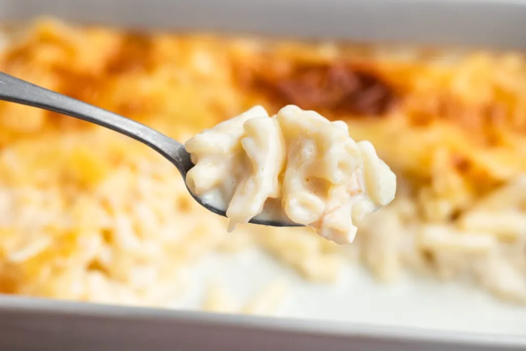 Macaroni Pudding Recipe - on a spoon with oven dish in the background