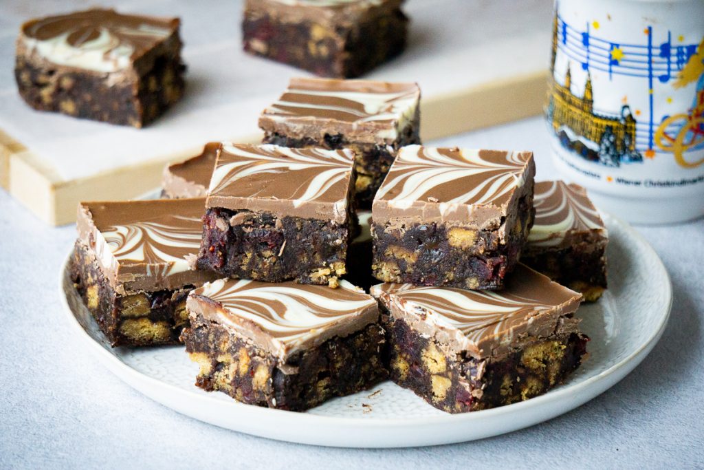 Christmas Tiffin Recipe - on a plate with christmas mug