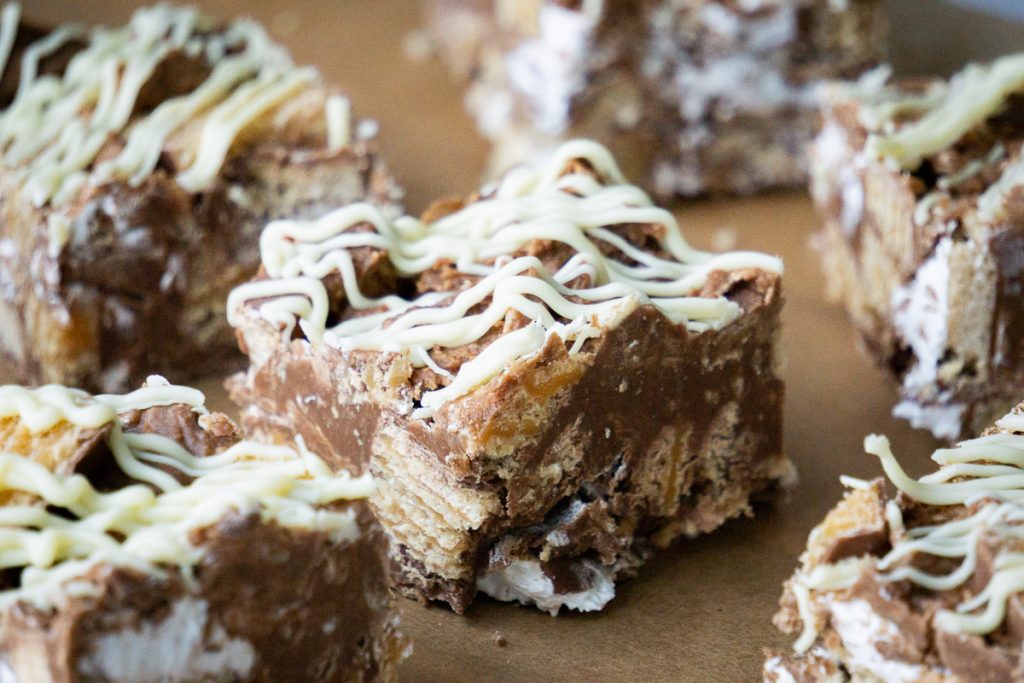 Scottish Rocky Road - Slices showing Tunnock's Teacakes and Wafers