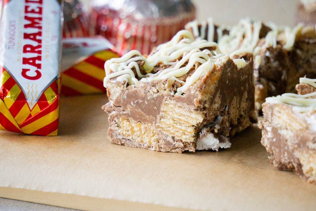 Scottish Rocky Road - Slices next to caramel wafers and teacakes